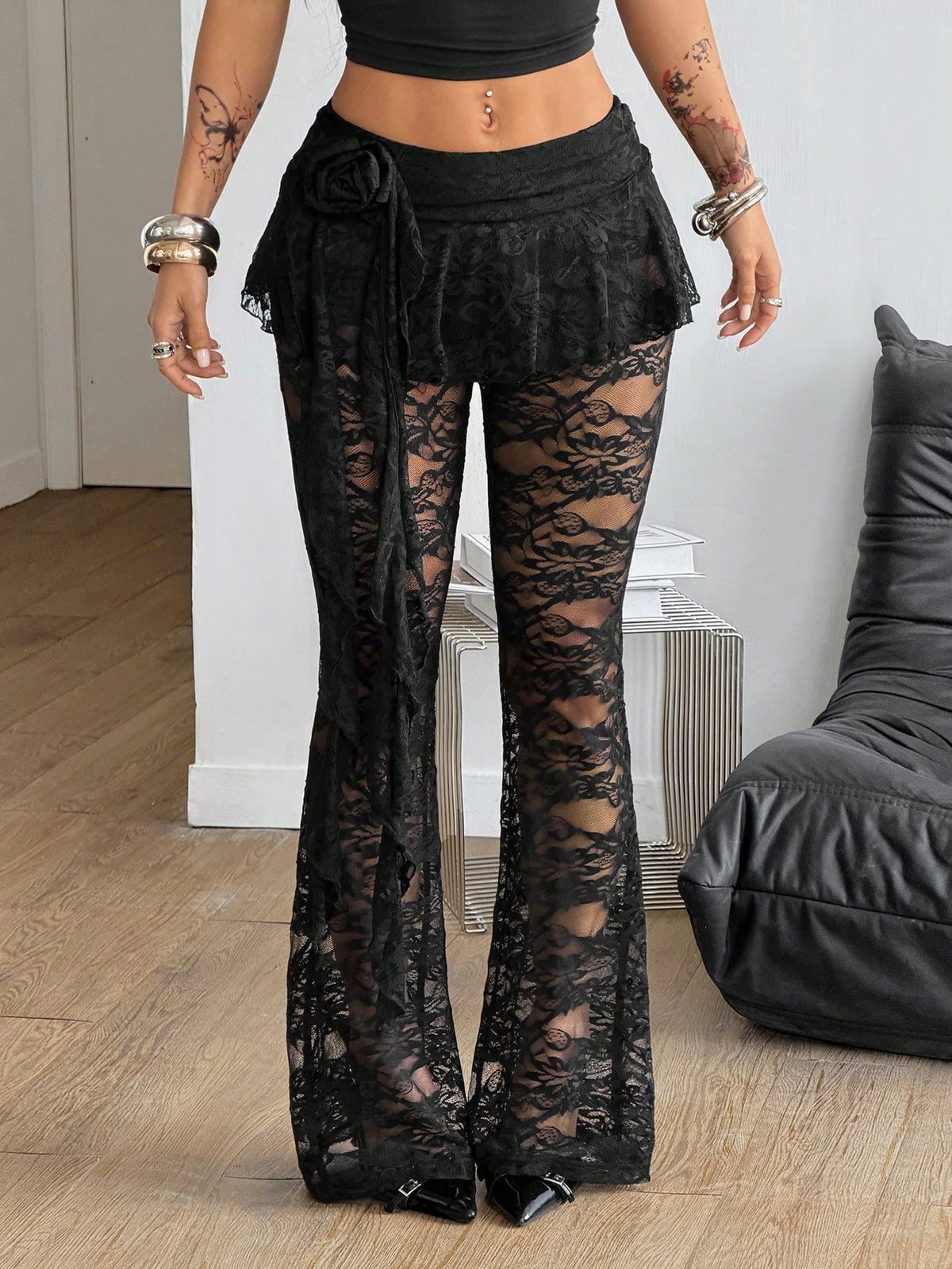 Coolane Women's Black Floral Summer Seductive Bar Party Music Festival Lace Skirt Flare Pants,Boho Y2K Vintage Three-Dimensional Flower Ribbon Pleated