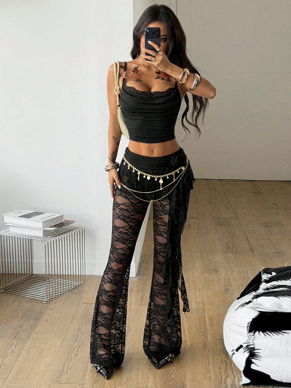 Coolane Women's Black Floral Summer Seductive Bar Party Music Festival Lace Skirt Flare Pants,Boho Y2K Vintage Three-Dimensional Flower Ribbon Pleated