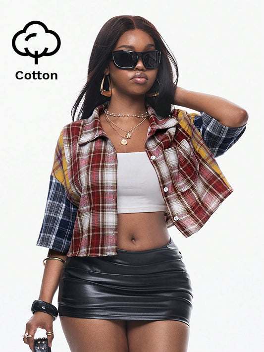 Coolane Women's Summer Chic Casual Streetwear Going Out Vintage Preppy Crop Plaid Loose Crop Tops Shirt