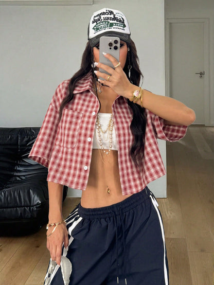 Coolane Women's Summer Chic Casual Streetwear Going Out Vintage Preppy Crop Plaid Loose Crop Tops Shirt