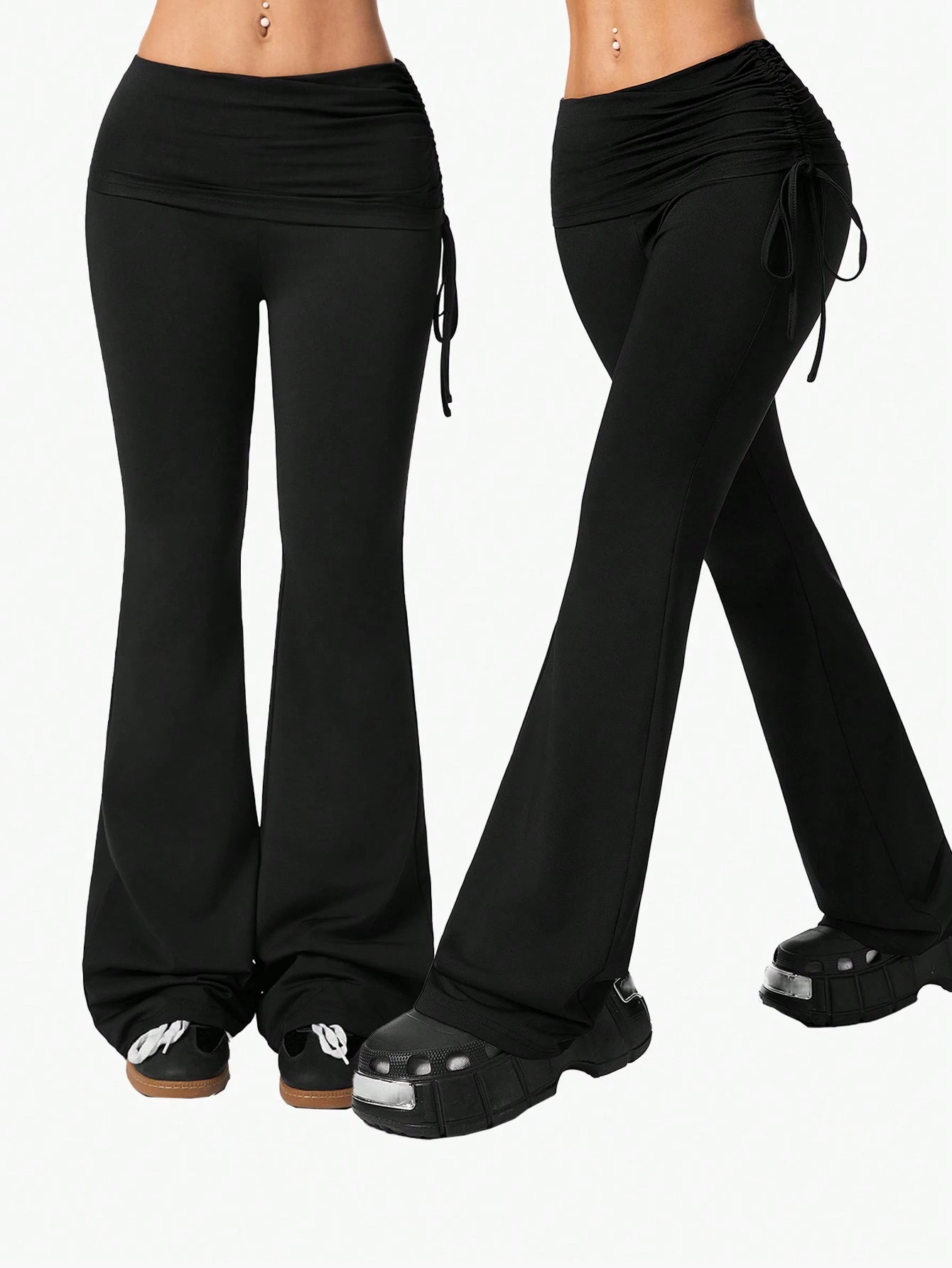 Coolane Women's Vintage Side Drawstring Streetwear Y2K Slim Fit Flare Leg Black Pants
