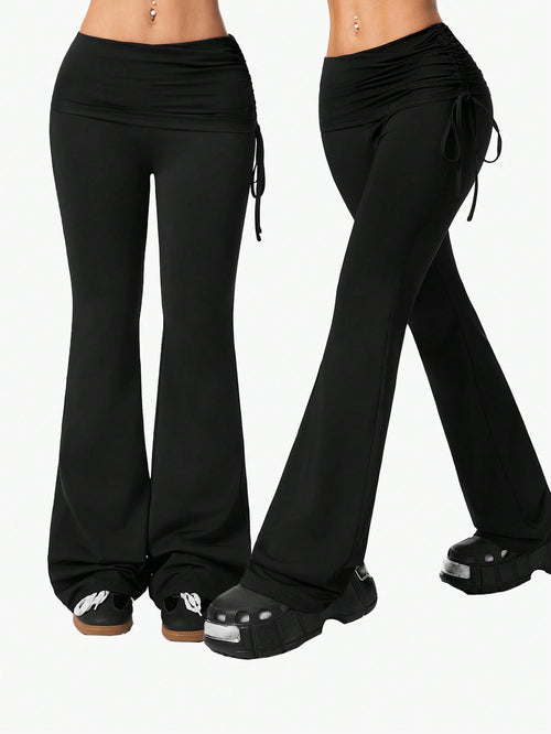 Coolane Women's Vintage Side Drawstring Streetwear Y2K Slim Fit Flare Leg Black Pants