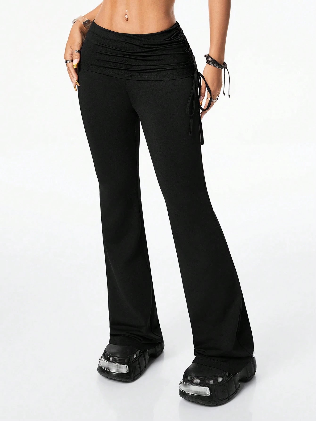 Coolane Women's Vintage Side Drawstring Streetwear Y2K Slim Fit Flare Leg Black Pants