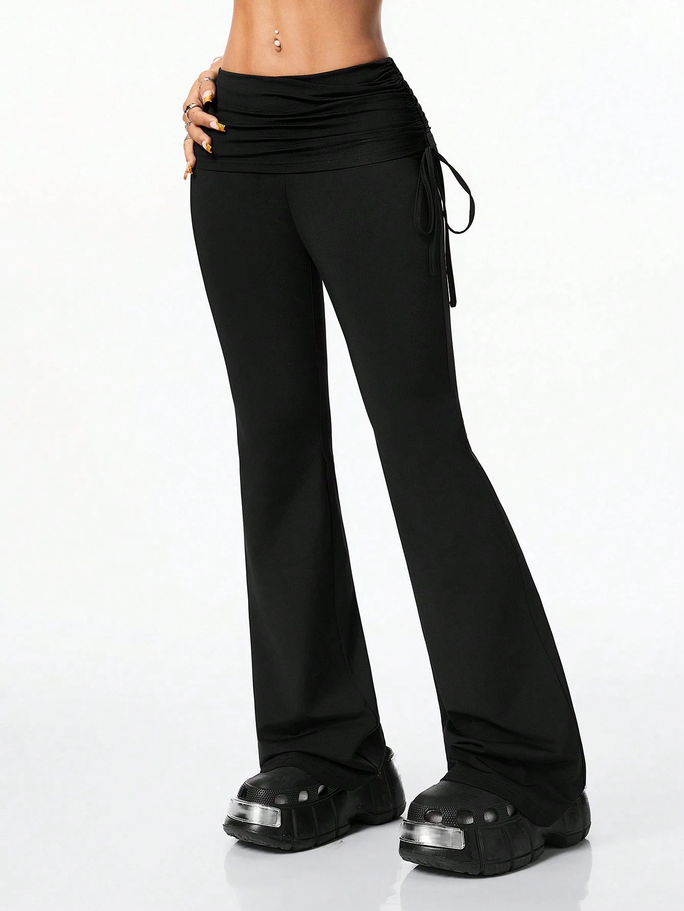 Coolane Women's Vintage Side Drawstring Streetwear Y2K Slim Fit Flare Leg Black Pants