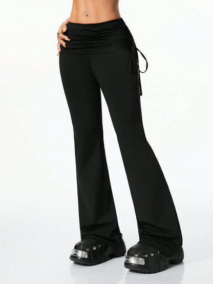 Coolane Women's Vintage Side Drawstring Streetwear Y2K Slim Fit Flare Leg Black Pants
