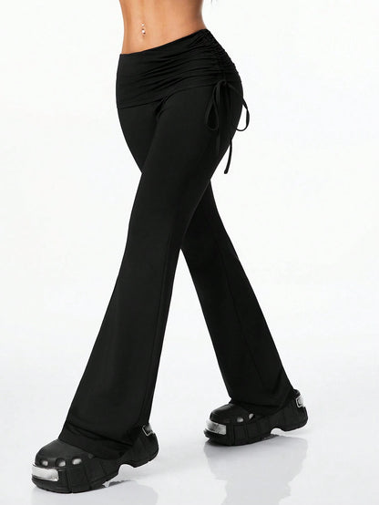 Coolane Women's Vintage Side Drawstring Streetwear Y2K Slim Fit Flare Leg Black Pants