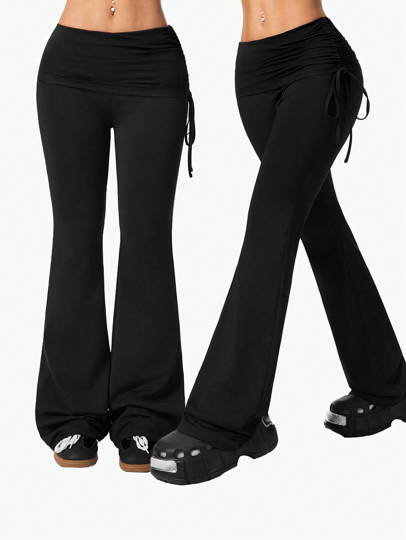 Coolane Women's Vintage Side Drawstring Streetwear Y2K Slim Fit Flare Leg Black Pants
