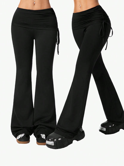 Coolane Women's Vintage Side Drawstring Streetwear Y2K Slim Fit Flare Leg Black Pants