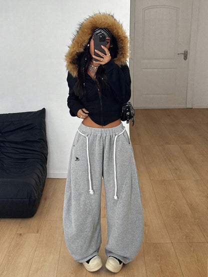 Coolane Women's Winter Grey Oversized Wide Leg Sweatpants,Streetwear Lounge Preppy French Casual Warm Comfortable Elastic Waistband Curved Hem Comfy Pants