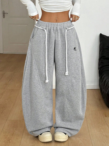 Coolane Women's Winter Grey Oversized Wide Leg Sweatpants,Streetwear Lounge Preppy French Casual Warm Comfortable Elastic Waistband Curved Hem Comfy Pants