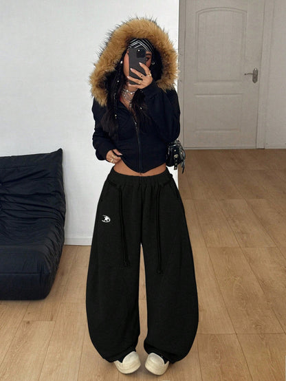 Coolane Women's Winter Grey Oversized Wide Leg Sweatpants,Streetwear Lounge Preppy French Casual Warm Comfortable Elastic Waistband Curved Hem Comfy Pants