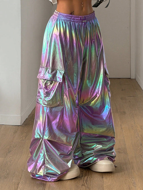 Coolane Women's Y2k Purple Iridescent Holographic Pants,High Waist Wide Leg Cargo Pants For Music Festival,Concert,Pride Month,Winter Rave Streetwear Bottoms