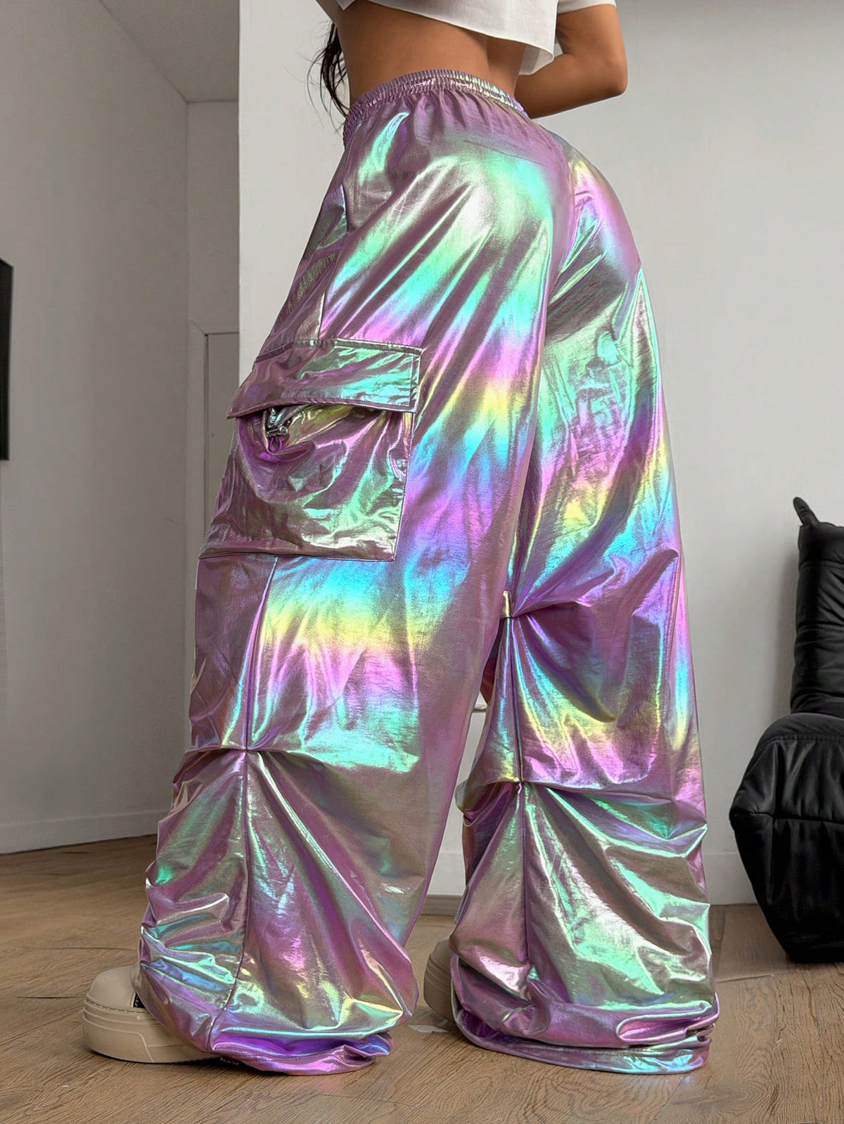Coolane Women's Y2k Purple Iridescent Holographic Pants,High Waist Wide Leg Cargo Pants For Music Festival,Concert,Pride Month,Winter Rave Streetwear Bottoms