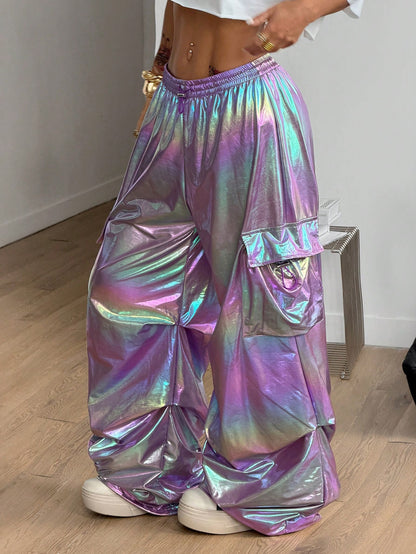 Coolane Women's Y2k Purple Iridescent Holographic Pants,High Waist Wide Leg Cargo Pants For Music Festival,Concert,Pride Month,Winter Rave Streetwear Bottoms