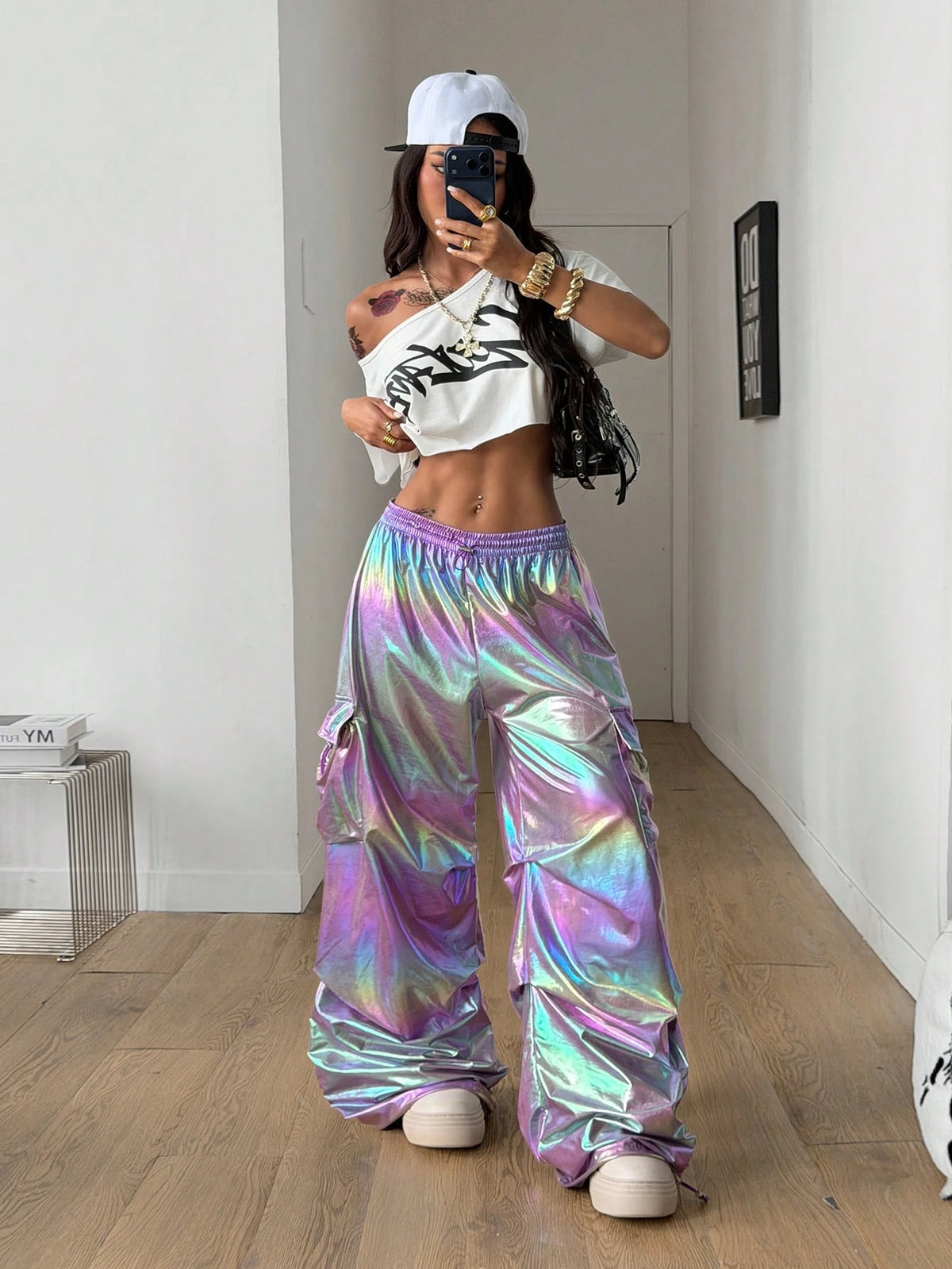 Coolane Women's Y2k Purple Iridescent Holographic Pants,High Waist Wide Leg Cargo Pants For Music Festival,Concert,Pride Month,Winter Rave Streetwear Bottoms