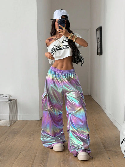 Coolane Women's Y2k Purple Iridescent Holographic Pants,High Waist Wide Leg Cargo Pants For Music Festival,Concert,Pride Month,Winter Rave Streetwear Bottoms