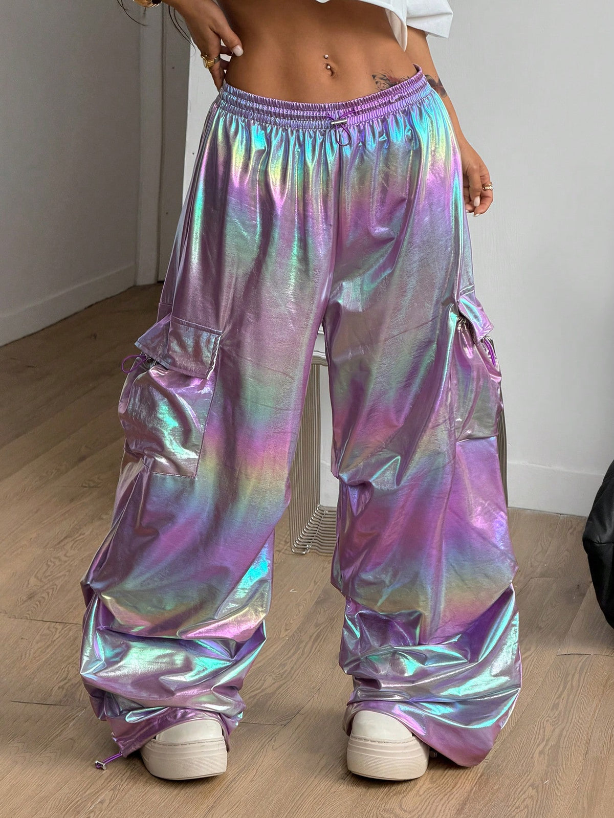 Coolane Women's Y2k Purple Iridescent Holographic Pants,High Waist Wide Leg Cargo Pants For Music Festival,Concert,Pride Month,Winter Rave Streetwear Bottoms