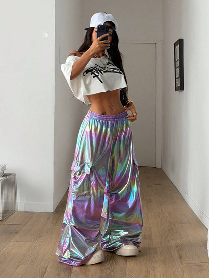 Coolane Women's Y2k Purple Iridescent Holographic Pants,High Waist Wide Leg Cargo Pants For Music Festival,Concert,Pride Month,Winter Rave Streetwear Bottoms