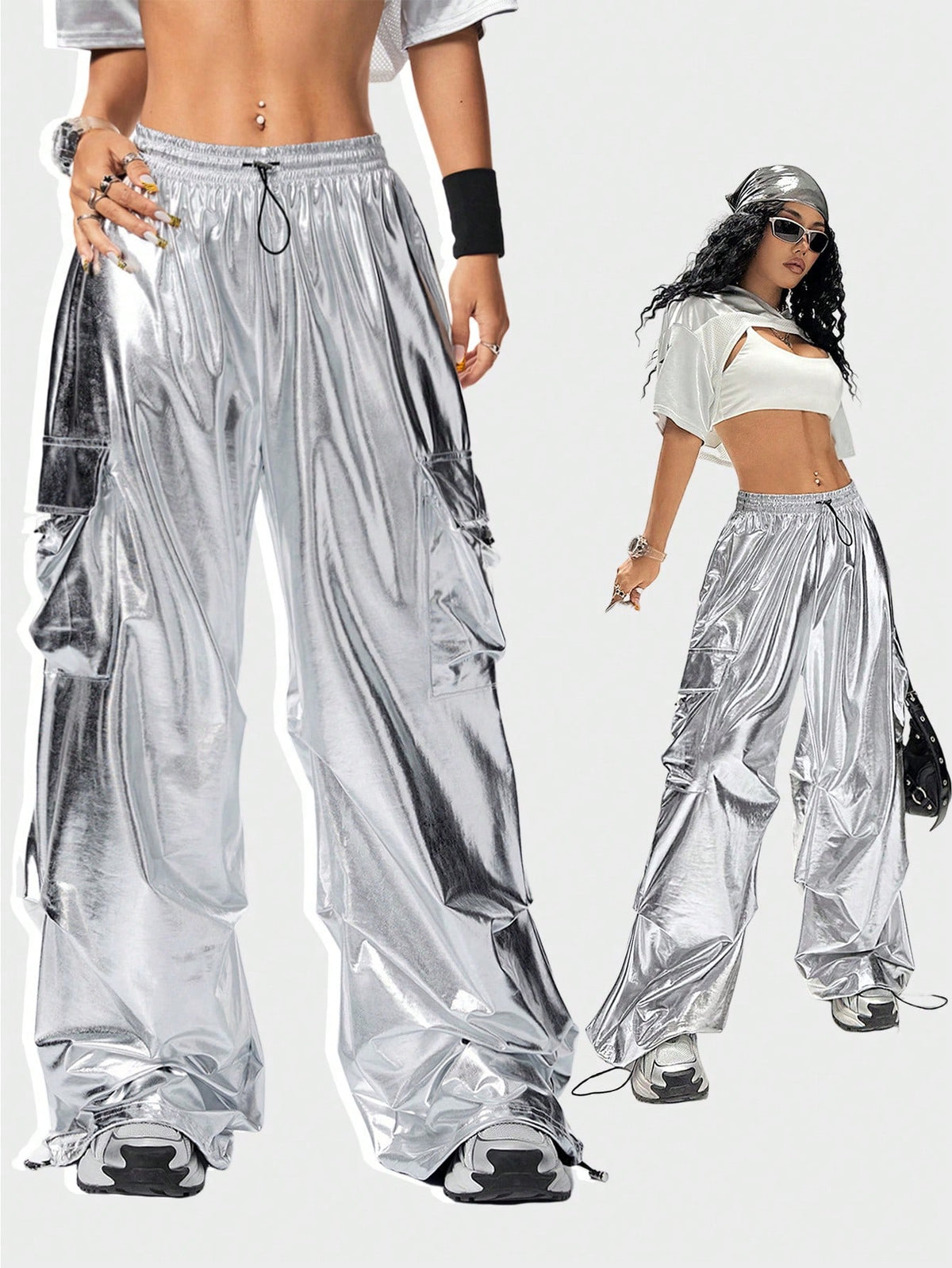 Coolane Women's Y2k Purple Iridescent Holographic Pants,High Waist Wide Leg Cargo Pants For Music Festival,Concert,Pride Month,Winter Rave Streetwear Bottoms