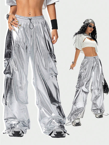 Coolane Women's Y2k Purple Iridescent Holographic Pants,High Waist Wide Leg Cargo Pants For Music Festival,Concert,Pride Month,Winter Rave Streetwear Bottoms