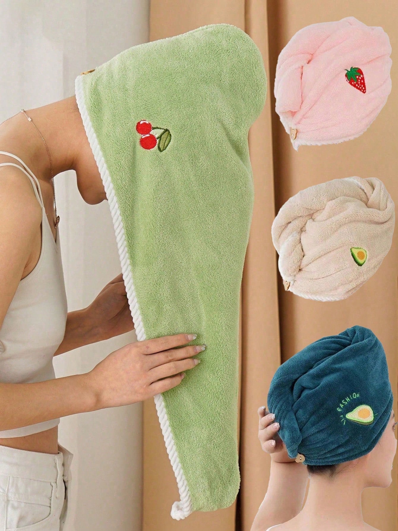 Coral Fleece Embroidered Fruit Hair Drying Cap, Absorbent And Soft, Girly Style, Women's Hair Drying Cap, Elegant Hair Drying Cap, Makeup Hair Tie Cap, Pastoral Style, Bathroom Home Hair Drying Cap