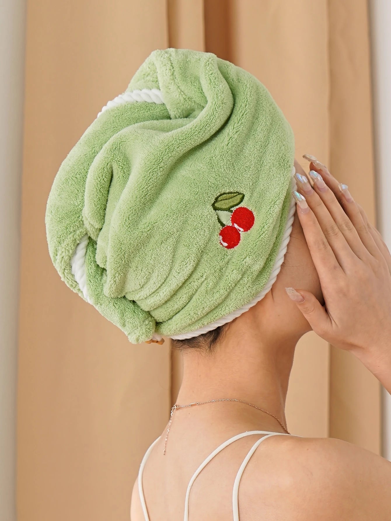 Coral Fleece Embroidered Fruit Hair Drying Cap, Absorbent And Soft, Girly Style, Women's Hair Drying Cap, Elegant Hair Drying Cap, Makeup Hair Tie Cap, Pastoral Style, Bathroom Home Hair Drying Cap