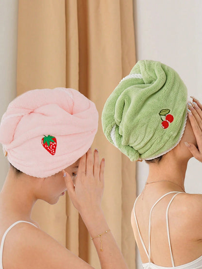 Coral Fleece Embroidered Fruit Hair Drying Cap, Absorbent And Soft, Girly Style, Women's Hair Drying Cap, Elegant Hair Drying Cap, Makeup Hair Tie Cap, Pastoral Style, Bathroom Home Hair Drying Cap