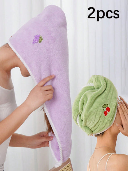 Coral Fleece Embroidered Fruit Hair Drying Cap, Absorbent And Soft, Girly Style, Women's Hair Drying Cap, Elegant Hair Drying Cap, Makeup Hair Tie Cap, Pastoral Style, Bathroom Home Hair Drying Cap