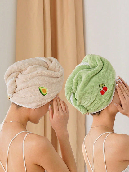 Coral Fleece Embroidered Fruit Hair Drying Cap, Absorbent And Soft, Girly Style, Women's Hair Drying Cap, Elegant Hair Drying Cap, Makeup Hair Tie Cap, Pastoral Style, Bathroom Home Hair Drying Cap