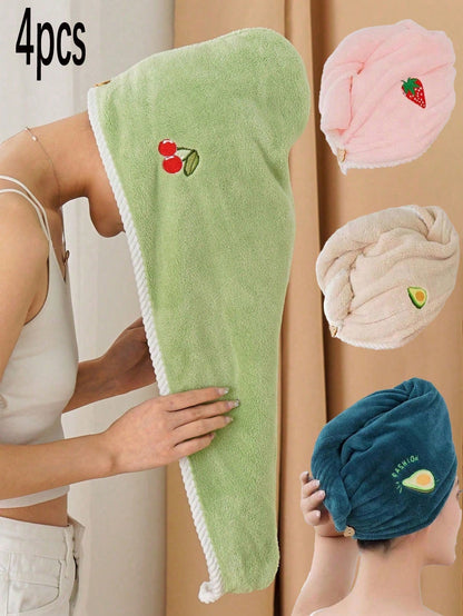 Coral Fleece Embroidered Fruit Hair Drying Cap, Absorbent And Soft, Girly Style, Women's Hair Drying Cap, Elegant Hair Drying Cap, Makeup Hair Tie Cap, Pastoral Style, Bathroom Home Hair Drying Cap