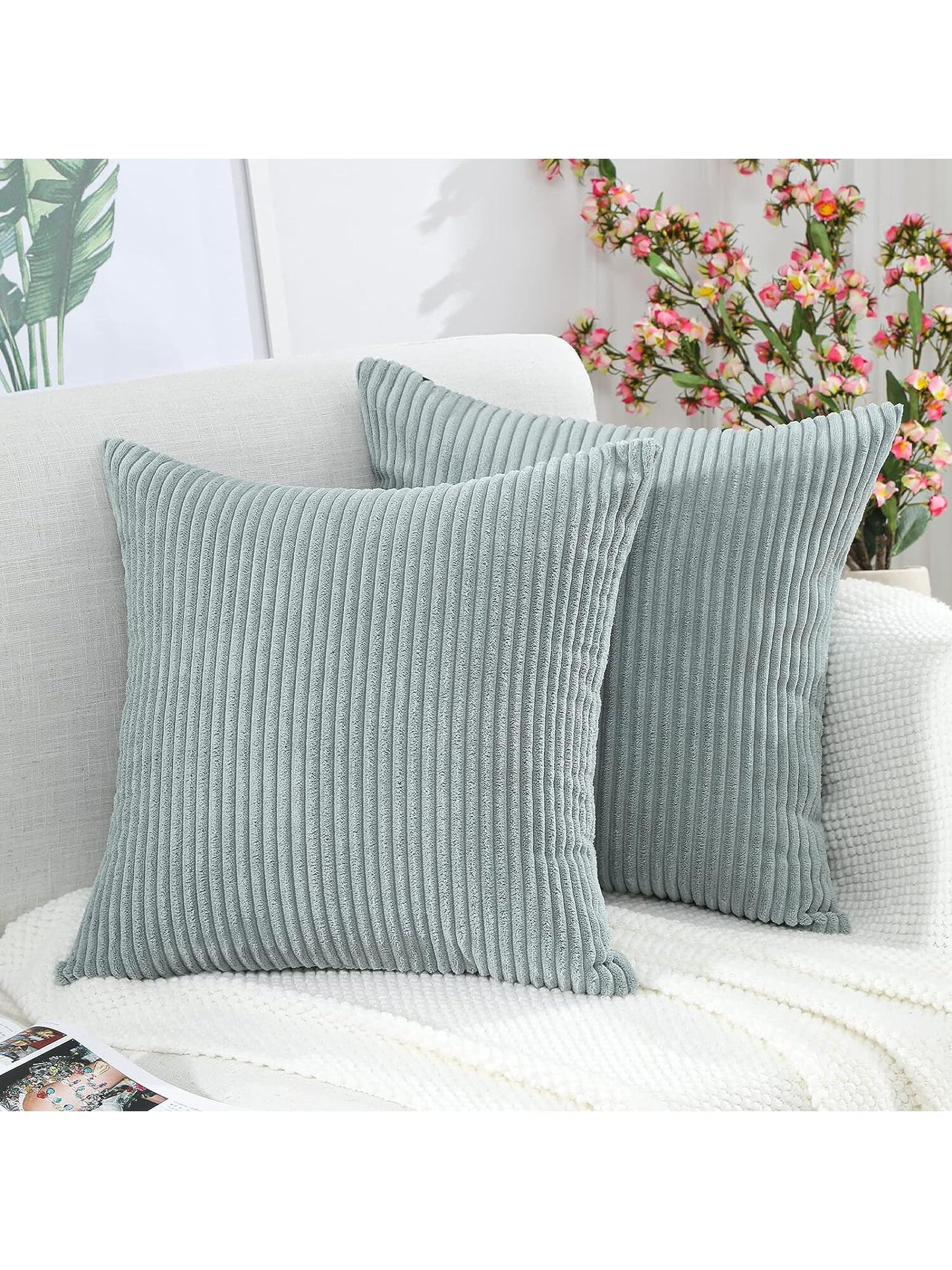Corduroy Cushion Covers, Decorative, Soft, For The Sofa, Armchair, Home, Bedroom, Set Of 4, 40 X 40 Cm, Sage Green Series