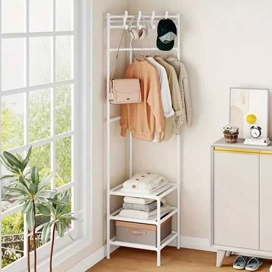 Corner Coat Rack With Shelves A Dual-Tier, Multifunctional, Freestanding Coat Tree. Stable And Tall, Ideal For Entryways, Bedrooms, Living Rooms, And More. Available In White Or Black.