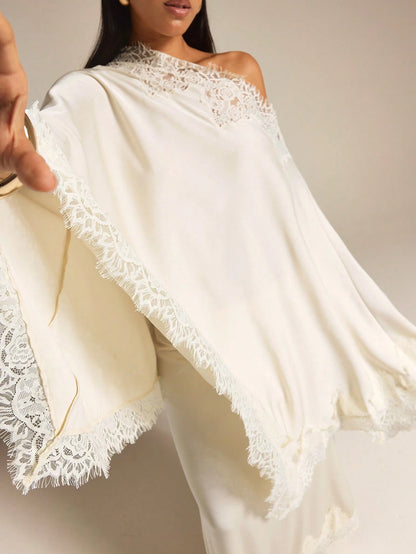COSMINA Women's Lace Patchwork Asymmetric Shoulder Casual Elegant Romantic Versatile Daily Tea Party Outing Shirt Cream White Autumn