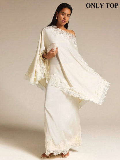 COSMINA Women's Lace Patchwork Asymmetric Shoulder Casual Elegant Romantic Versatile Daily Tea Party Outing Shirt Cream White Autumn