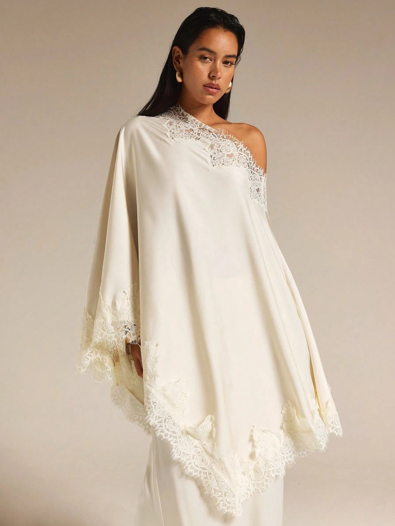 COSMINA Women's Lace Patchwork Asymmetric Shoulder Casual Elegant Romantic Versatile Daily Tea Party Outing Shirt Cream White Autumn