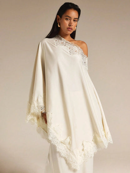 COSMINA Women's Lace Patchwork Asymmetric Shoulder Casual Elegant Romantic Versatile Daily Tea Party Outing Shirt Cream White Autumn