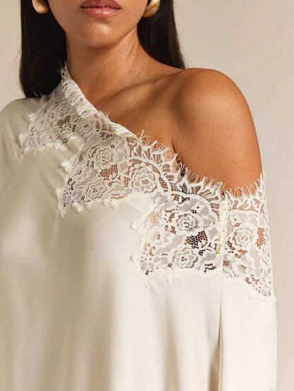 COSMINA Women's Lace Patchwork Asymmetric Shoulder Casual Elegant Romantic Versatile Daily Tea Party Outing Shirt Cream White Autumn