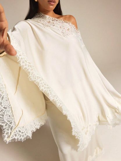 COSMINA Women's Lace Patchwork Asymmetric Shoulder Casual Elegant Romantic Versatile Daily Tea Party Outing Shirt Cream White Autumn