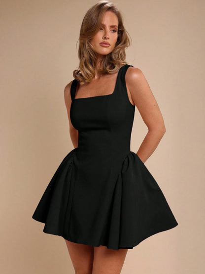 COSMINA Women's Square Neck Ruffle Hem Sleeveless Fashionable Mini Dress,Black Dress,Elegant Valentine's Day,Party Summer
