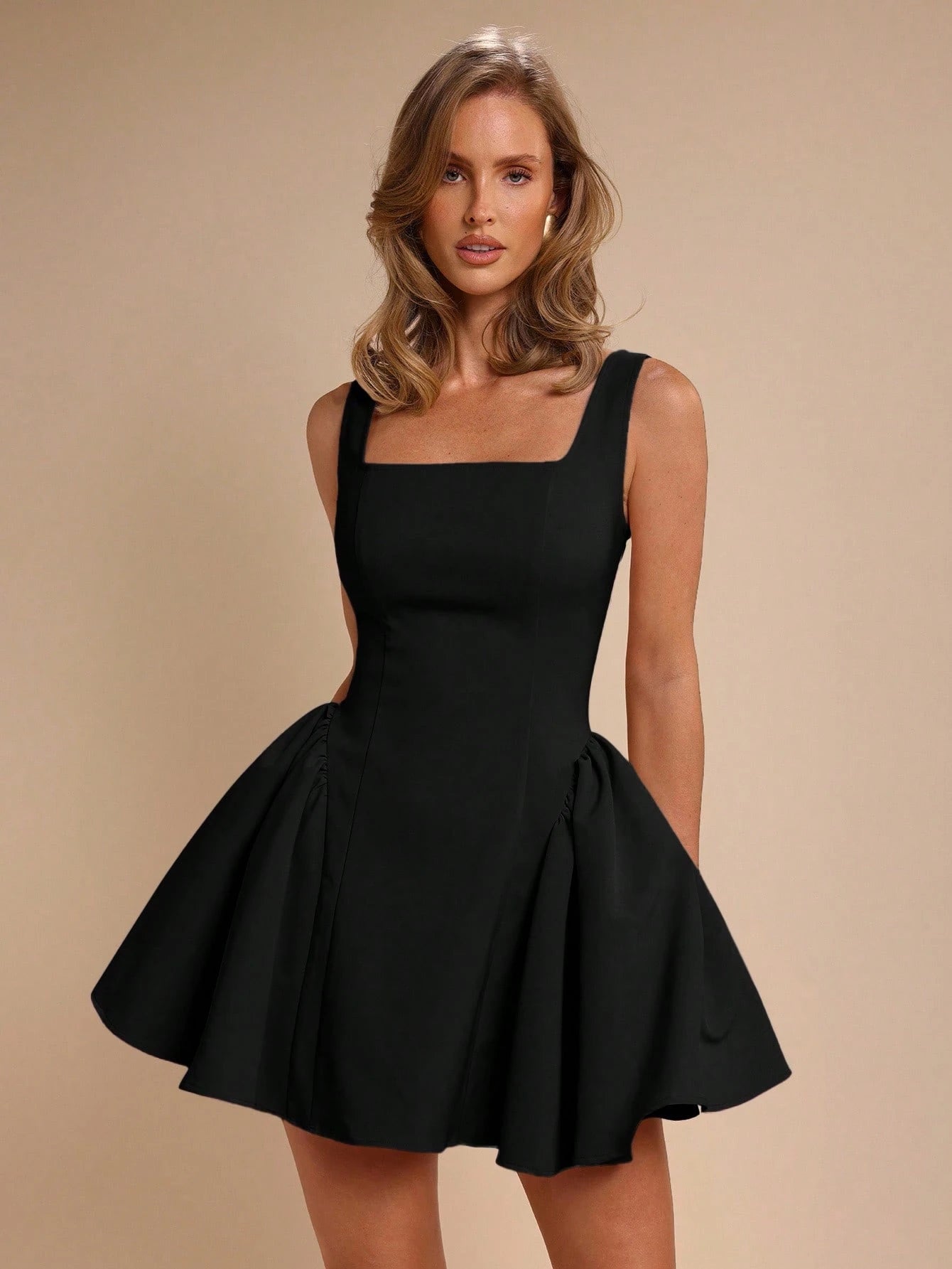 COSMINA Women's Square Neck Ruffle Hem Sleeveless Fashionable Mini Dress,Black Dress,Elegant Valentine's Day,Party Summer