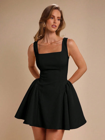 COSMINA Women's Square Neck Ruffle Hem Sleeveless Fashionable Mini Dress,Black Dress,Elegant Valentine's Day,Party Summer