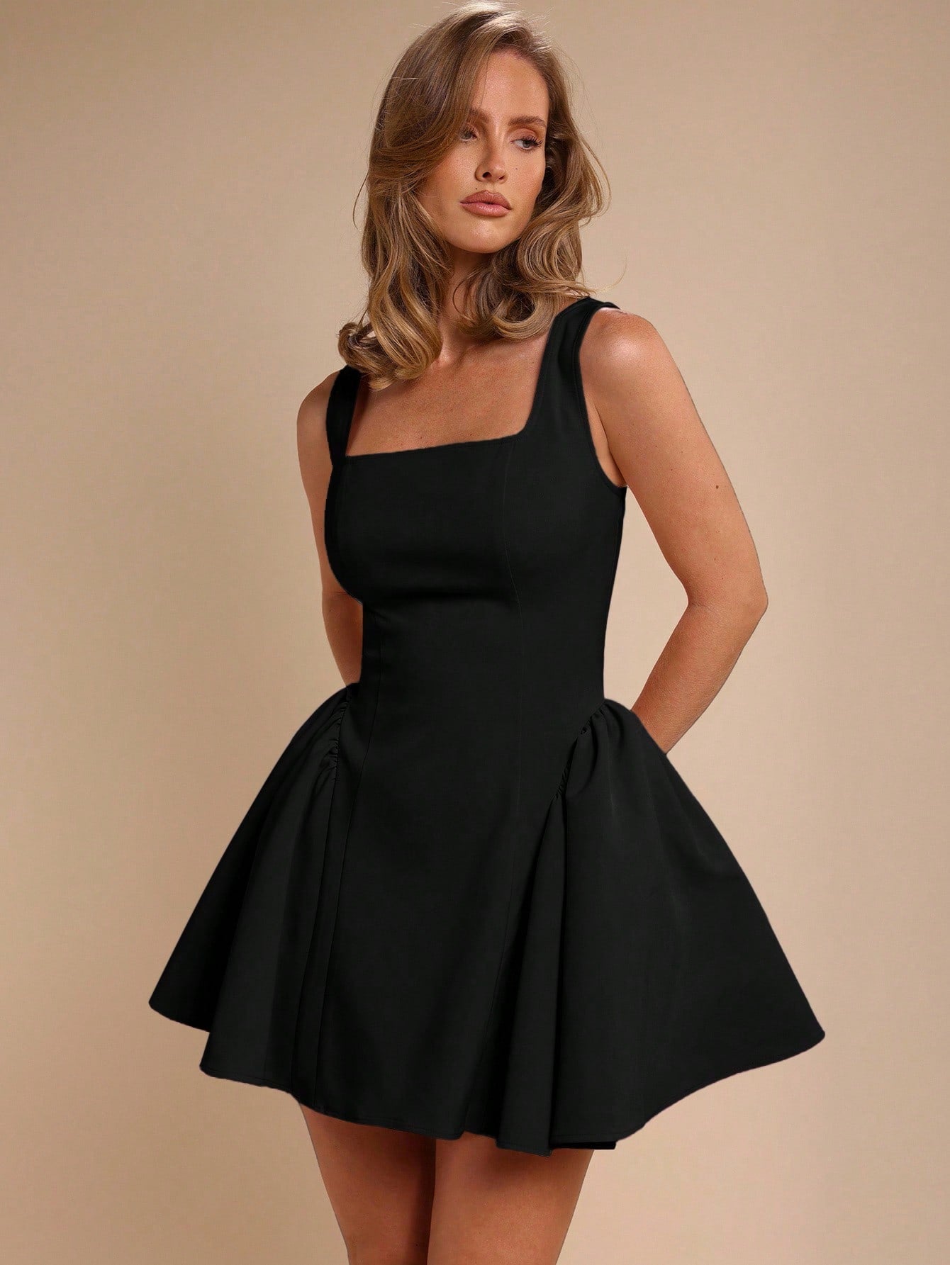 COSMINA Women's Square Neck Ruffle Hem Sleeveless Fashionable Mini Dress,Black Dress,Elegant Valentine's Day,Party Summer