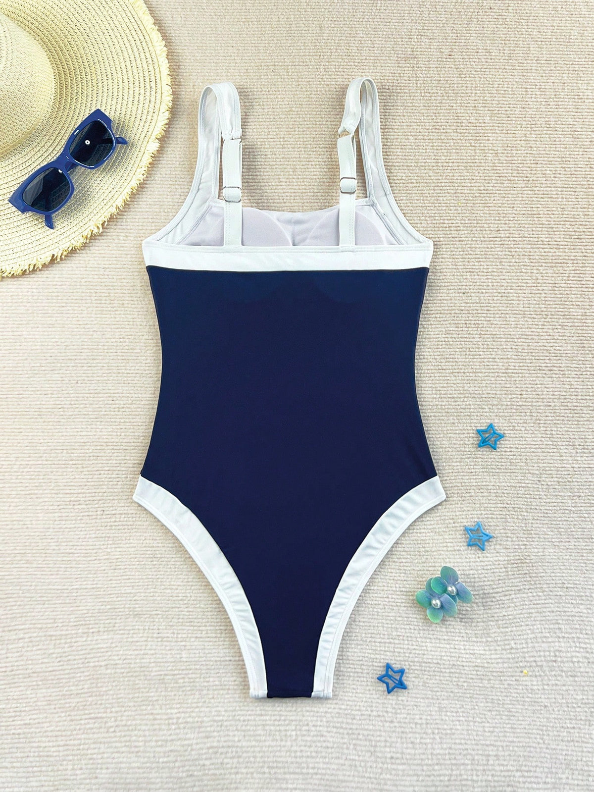 Costavie 2026 Spring/Summer Women's Thick Adjustable Shoulder Strap Navy Blue + White Color Block Elegant Slim Fit One-Piece Bikini Swimsuit