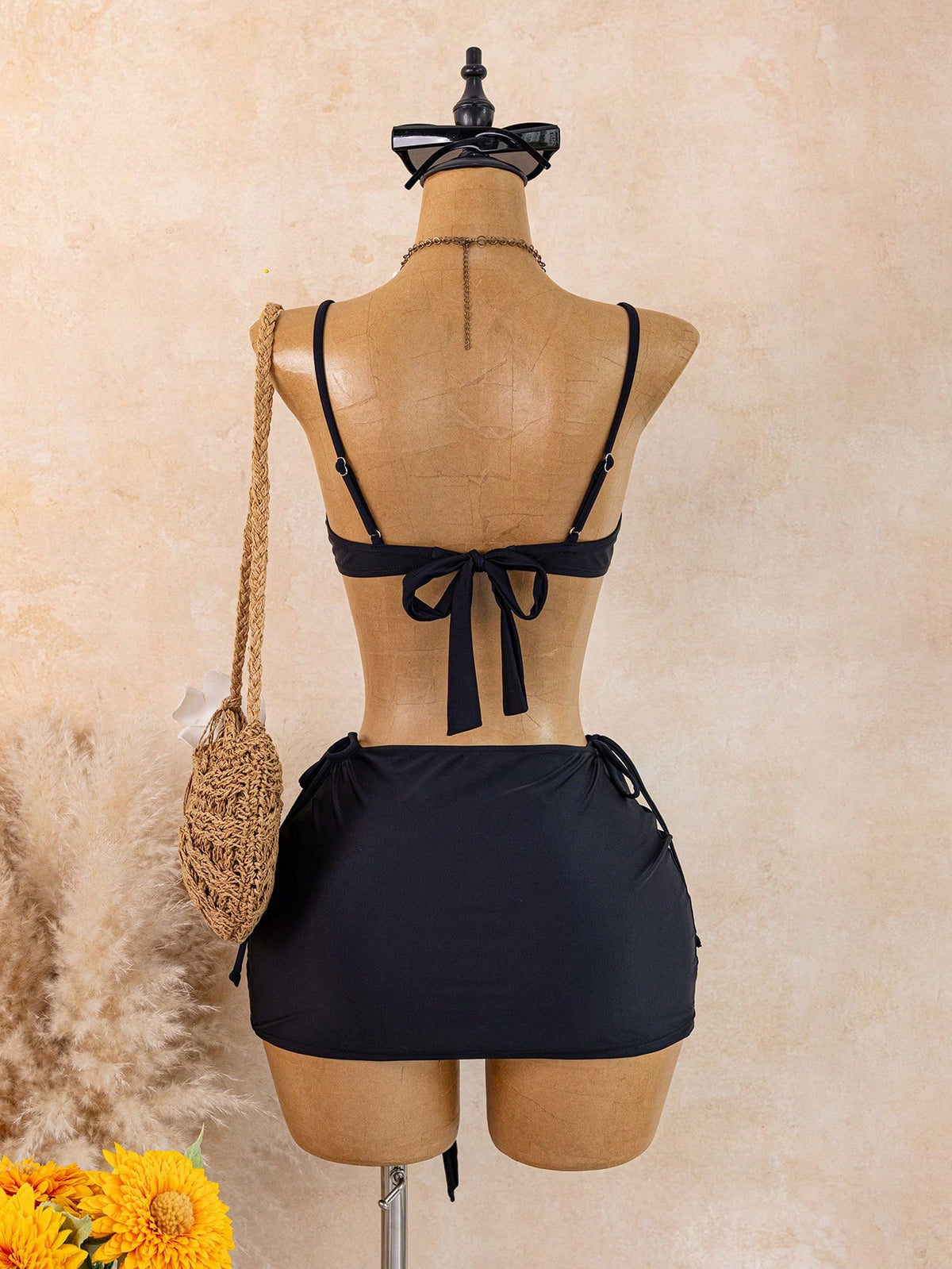 Costavie Spring/Summer Women's 3-Piece Swimwear Set, Sexy Vacation Elegant Mature Double Shoulder Strap Solid Color Beach Outfit With Skirt Swimsuit