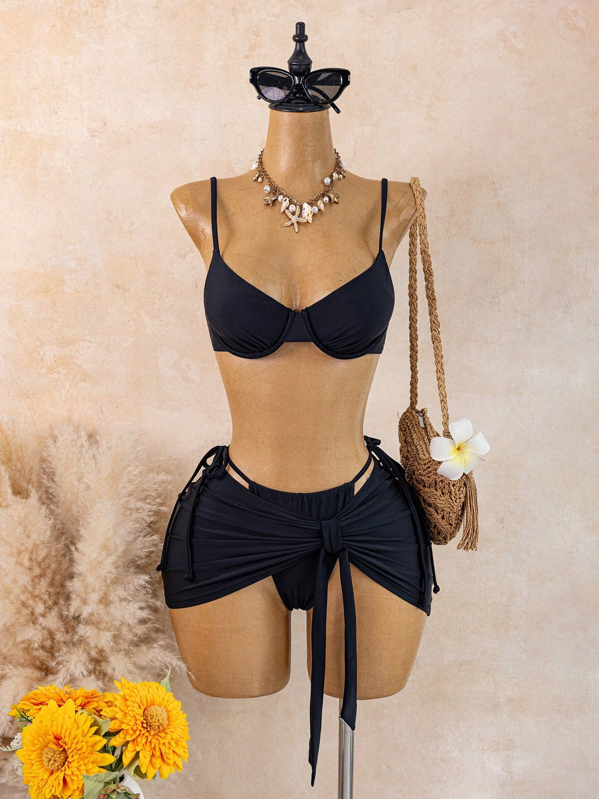 Costavie Spring/Summer Women's 3-Piece Swimwear Set, Sexy Vacation Elegant Mature Double Shoulder Strap Solid Color Beach Outfit With Skirt Swimsuit
