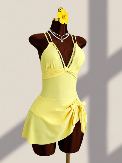 Costavie Women's New Arrival One-Piece Swimsuit With Adjustable Straps, Yellow, For Beach Beach Vacation Vacation, Spring/Summer Elegant