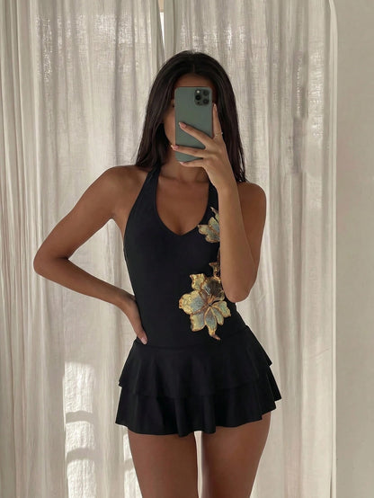Costavie Women's Spring/Summer New Hot Spring Vacation Floral Sequin Halter Neck Swim Dress, Stunning Slimming Swimsuit