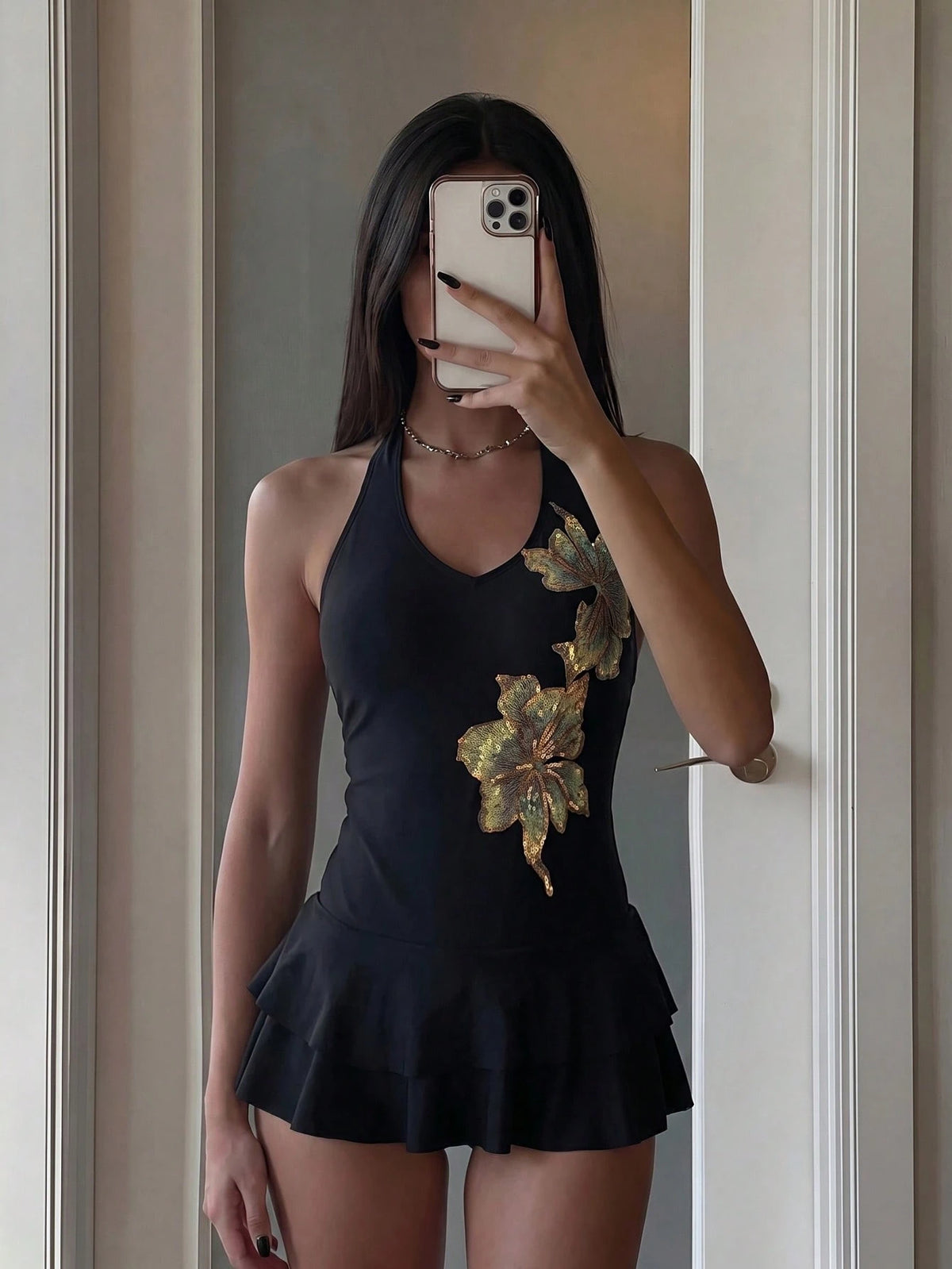 Costavie Women's Spring/Summer New Hot Spring Vacation Floral Sequin Halter Neck Swim Dress, Stunning Slimming Swimsuit