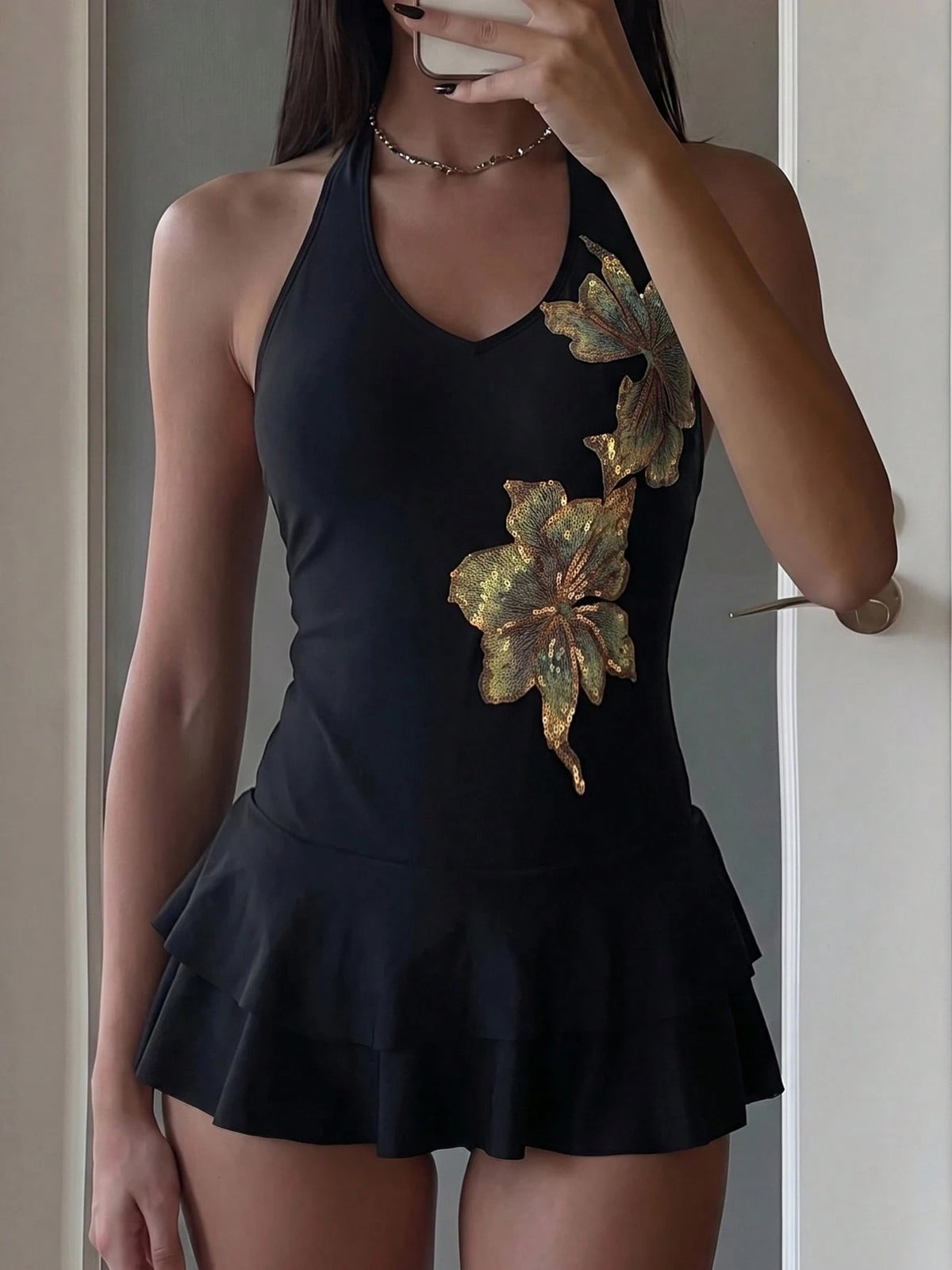 Costavie Women's Spring/Summer New Hot Spring Vacation Floral Sequin Halter Neck Swim Dress, Stunning Slimming Swimsuit