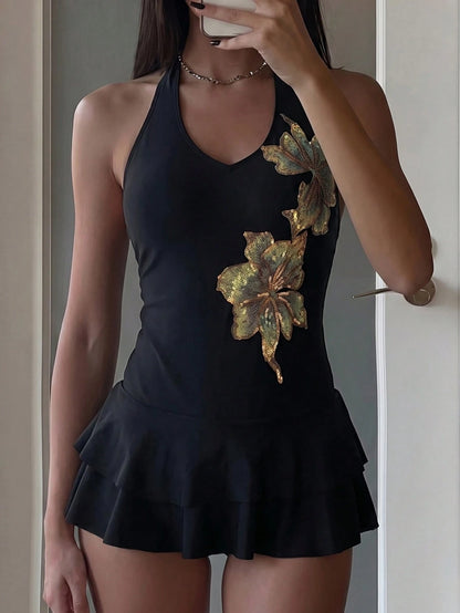 Costavie Women's Spring/Summer New Hot Spring Vacation Floral Sequin Halter Neck Swim Dress, Stunning Slimming Swimsuit